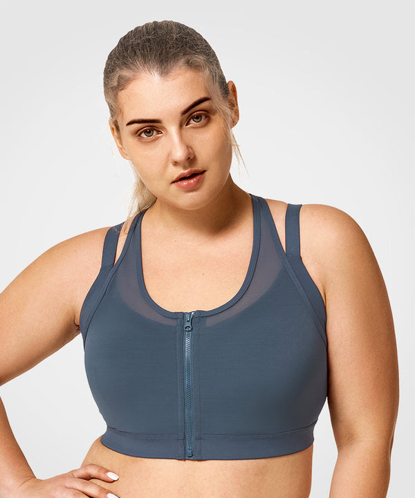 Power Zip Front Mesh Padded Running Bra | Women's High Support Sports Bra (Plus Size)